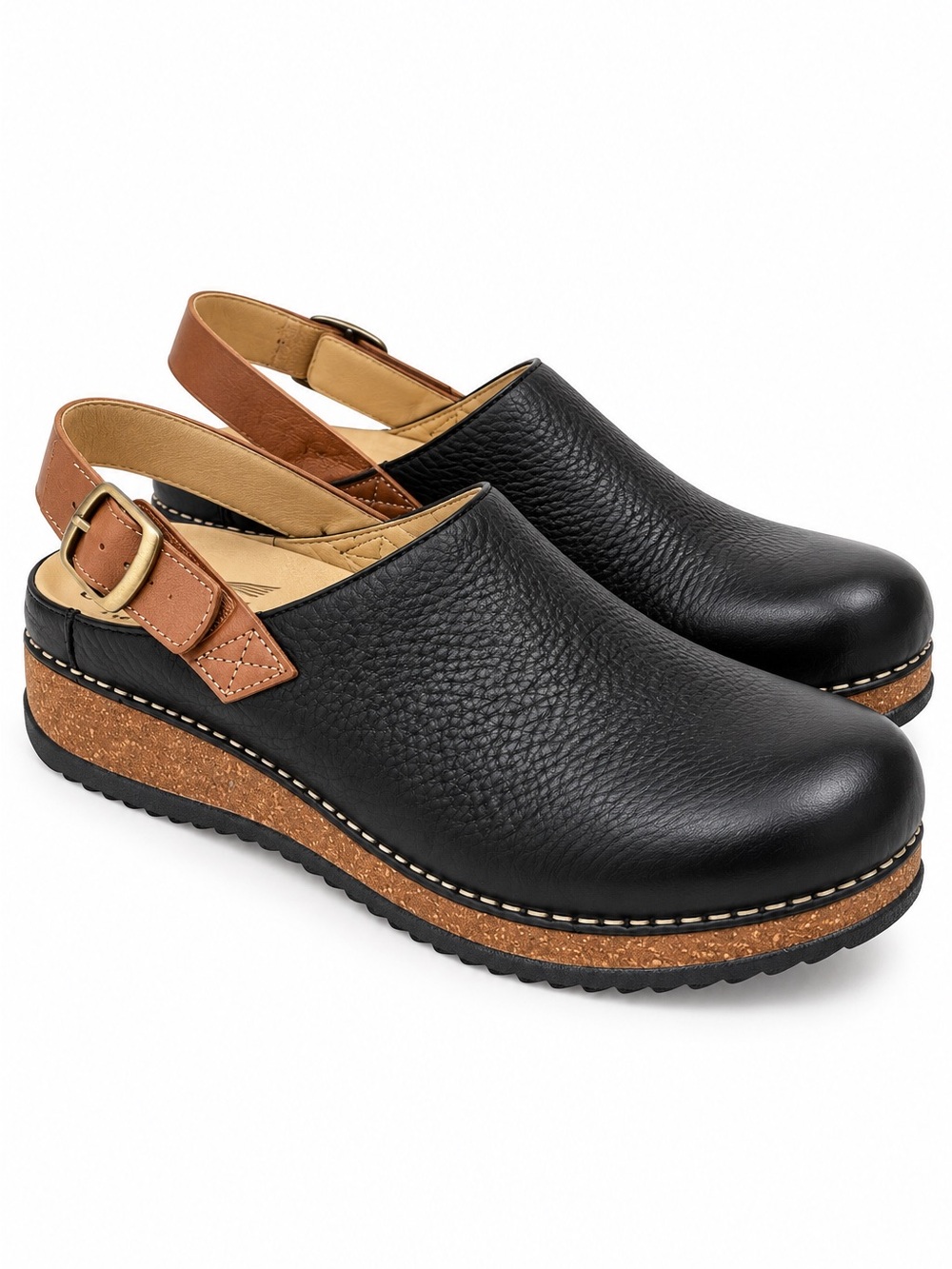 Dansko Black Leather Slingback Clogs Size 42 Brown Cork Comfort Shoes